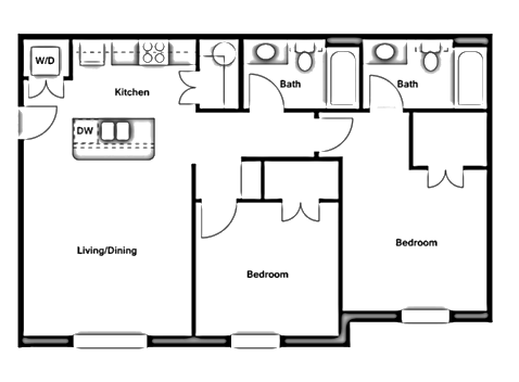 Floor plan for 2 beds, 2 baths, 939 sqft